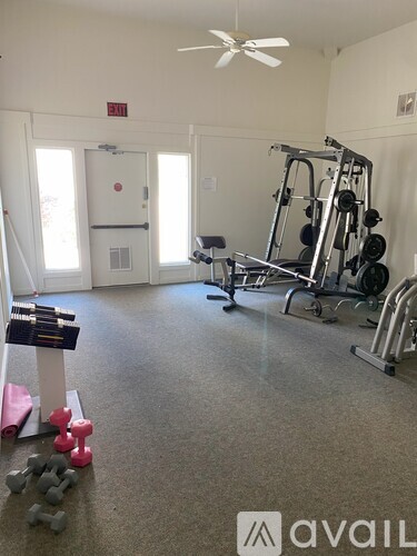 A gym with a weight bench, dumbbells and a fan.