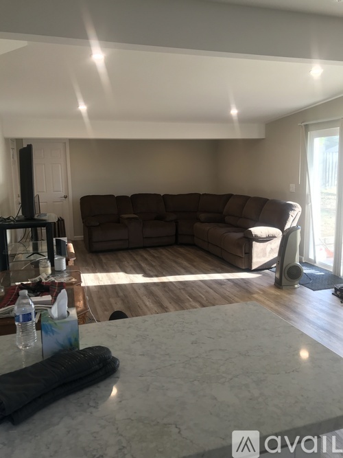 A living room with a brown couch and a television.