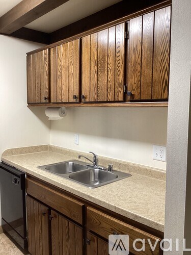 A kitchen with wooden cabinets and a sink.