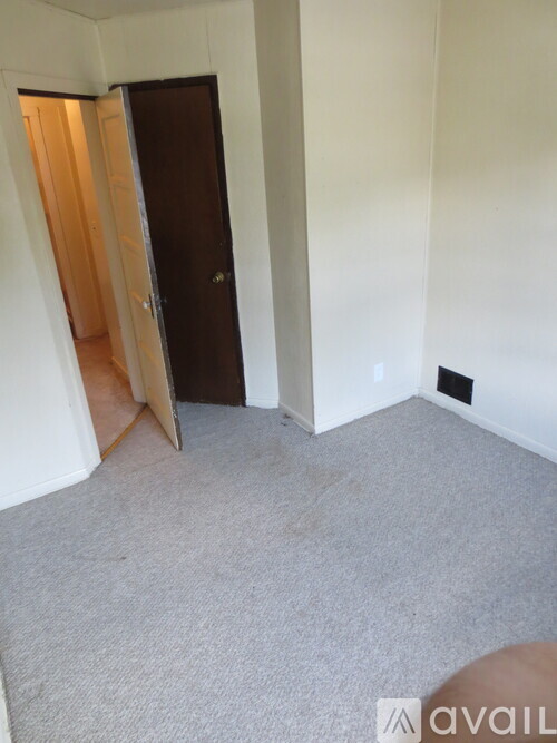 A room with a carpeted floor and a brown door.