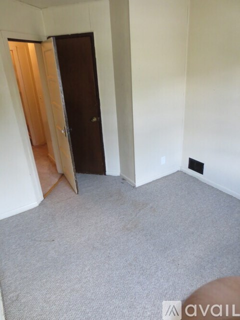 A room with a carpeted floor and a brown door.