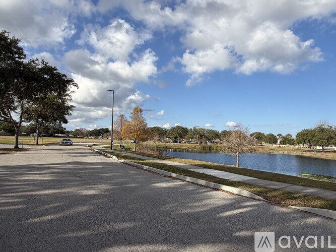 A street view with a lake and trees on the side.