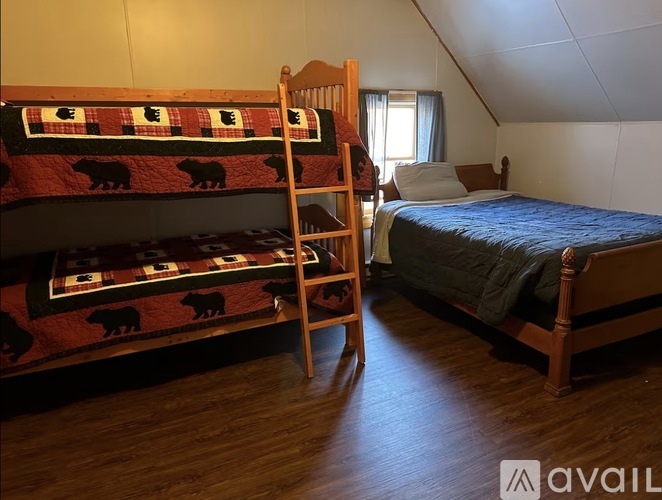 A bedroom with a bunk bed and a single bed.