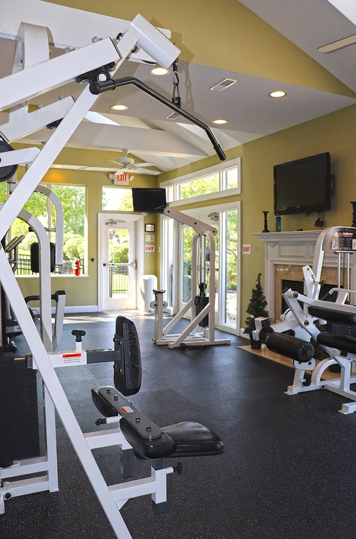 a gym with weights and a tv in a room with a fireplace