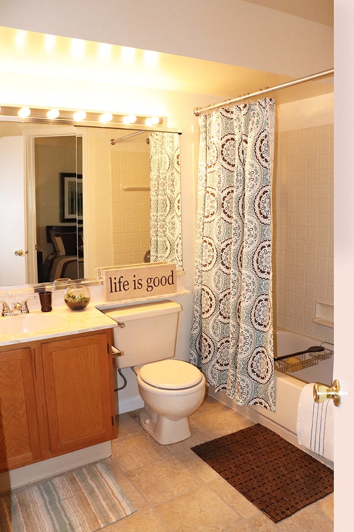 a bathroom with a shower curtain and a toilet and a sink