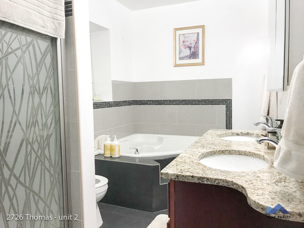 a bathroom with a tub and a sink and a shower