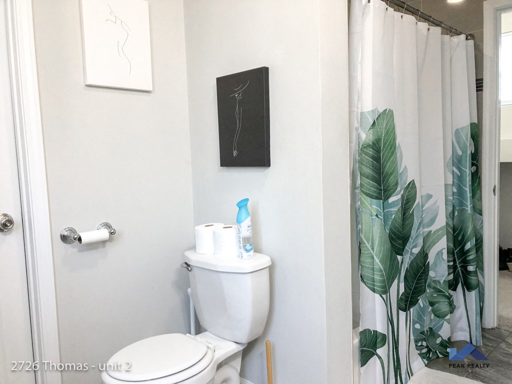 a bathroom with a toilet and a shower with a shower curtain