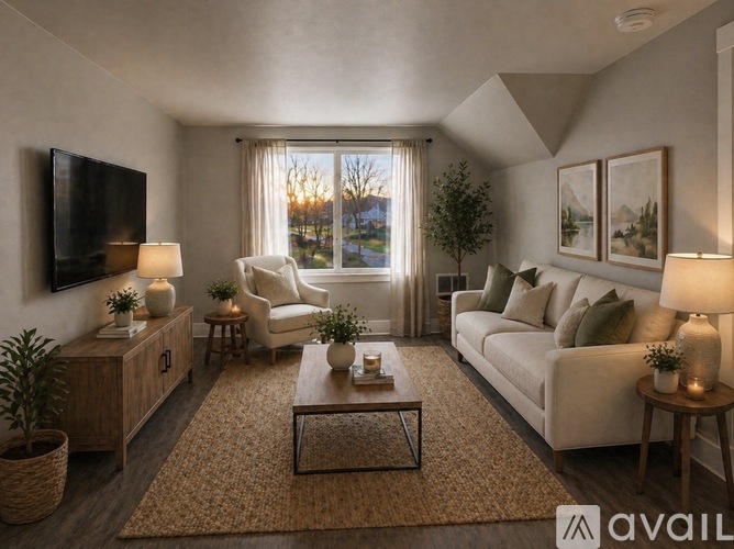 A well-lit living room with a large window, a white sofa, and a wooden coffee table.