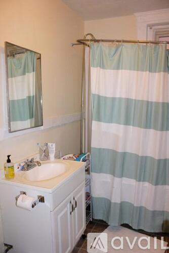 A bathroom with a striped shower curtain.