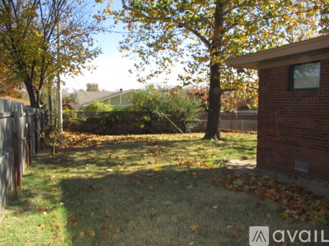 A backyard with a fence and trees.
