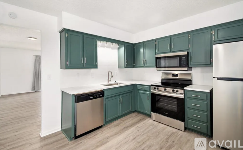 A kitchen with green cabinets and stainless steel appliances.