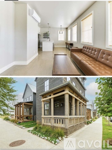 A modern interior and exterior of a house are shown.