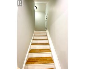 A set of stairs with white risers and wooden treads.