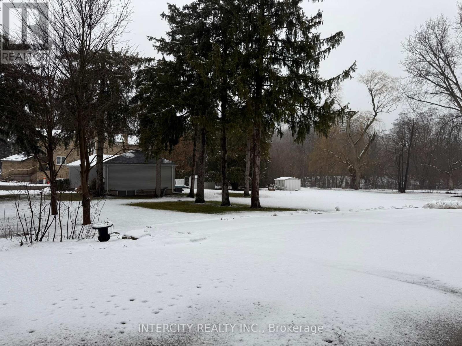 A snow-covered landscape with trees and houses in the background.