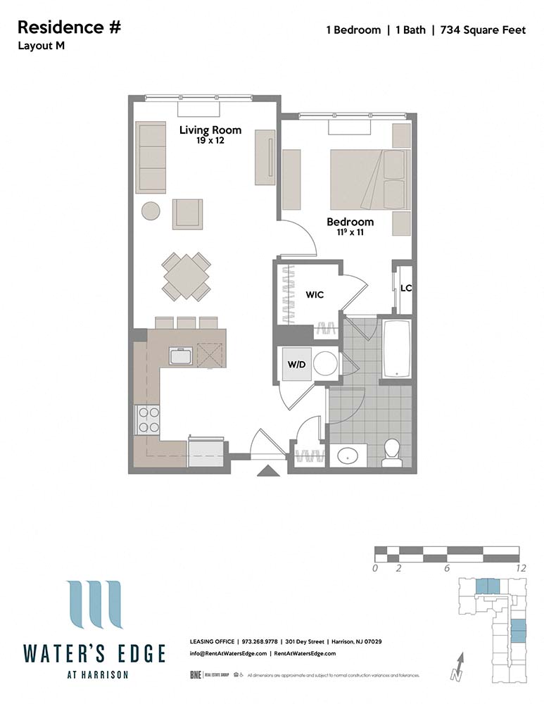 Layout M 1 Bed 1 Bath Floor Plan at Water's Edge, New Jersey, 07029