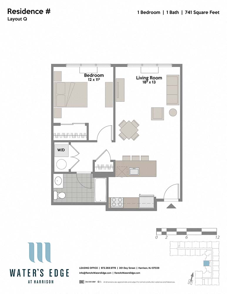 Layout Q 1 Bed 1 Bath Floor Plan at Water's Edge, Harrison