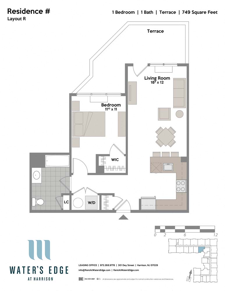 Layout R-T 1 Bed 1 Bath Floor Plan at Water's Edge, Harrison, NJ, 07029