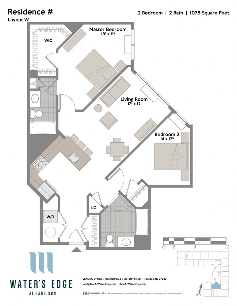Layout W 2 Bedroom 2 Bathroom Floor Plan at Water's Edge, New Jersey, 07029