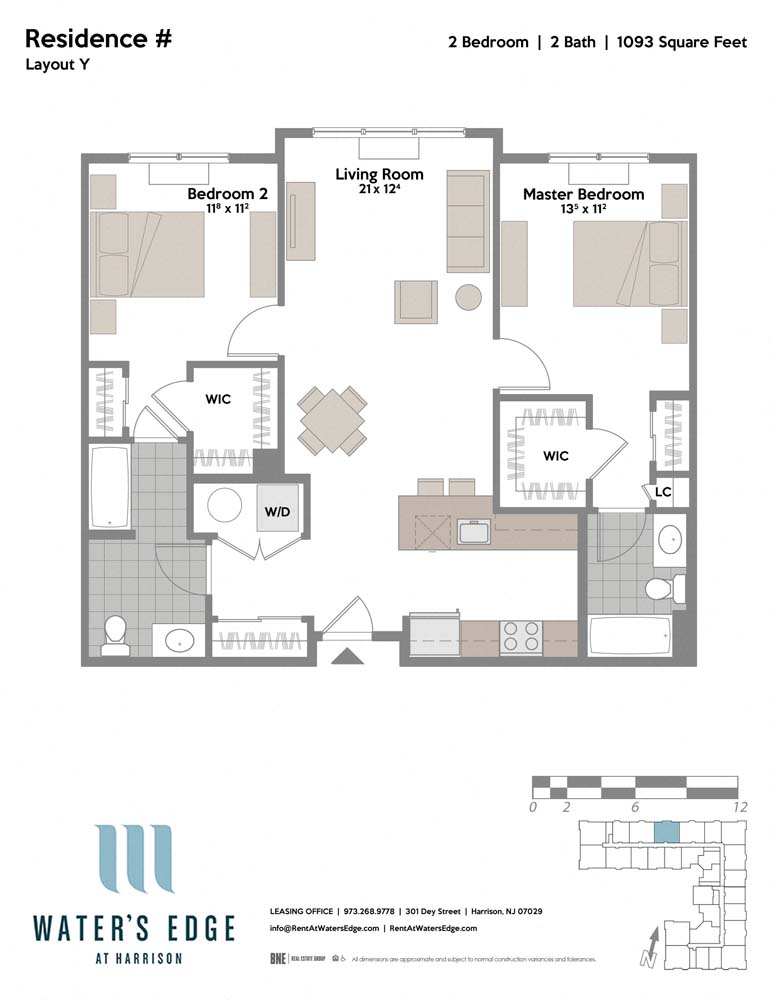 Layout Y 2 Bed 2 Bath Floor Plan at Water's Edge, Harrison, 07029