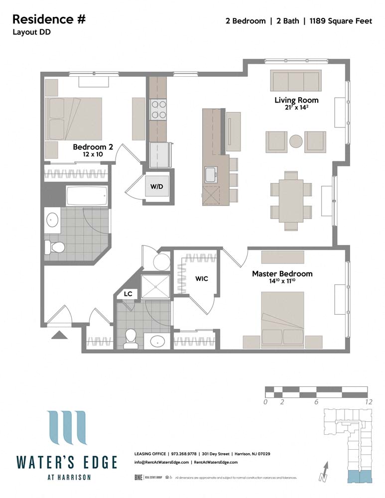 Layout DD 2 Bed 2 Bath Floor Plan at Water's Edge, Harrison, New Jersey