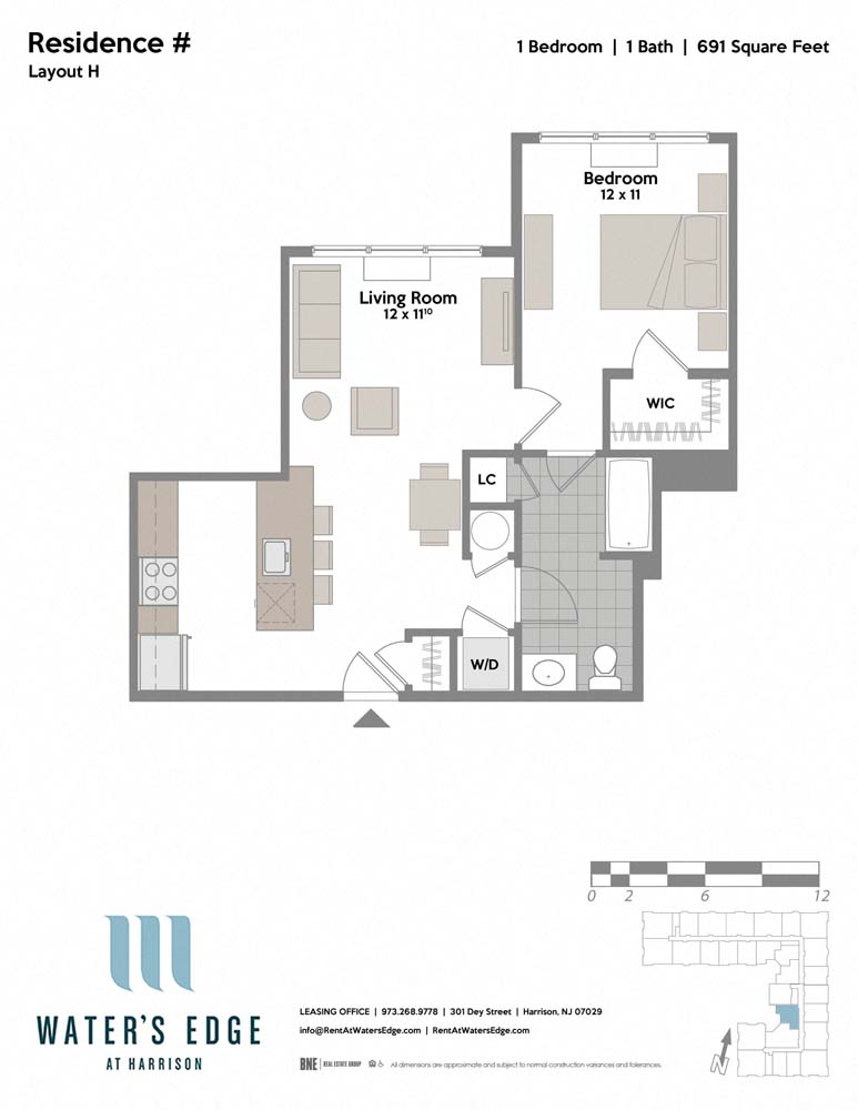 1 Bed 1 Bath Floor Plan at Water's Edge, Harrison