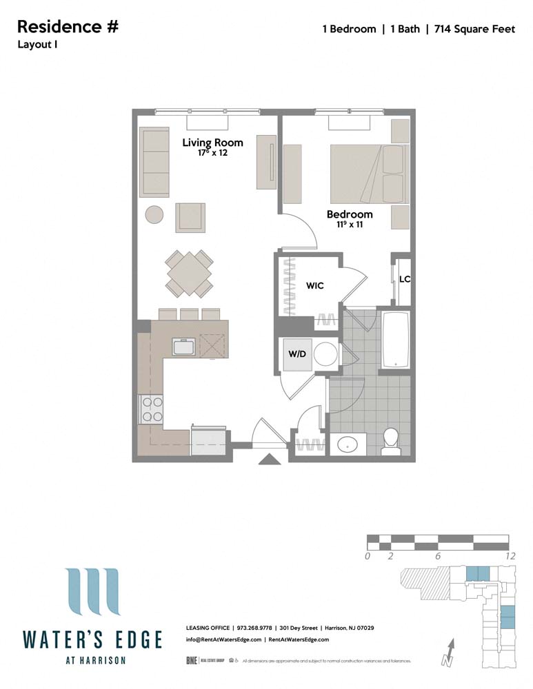 1 Bedroom 1 Bath Floor Plan at Water's Edge, New Jersey, 07029
