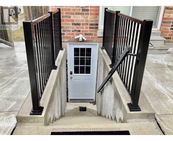 A white door with a screen is set in a black railing.