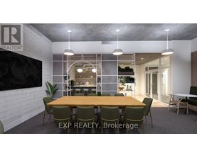 A dining room with a large table and chairs.