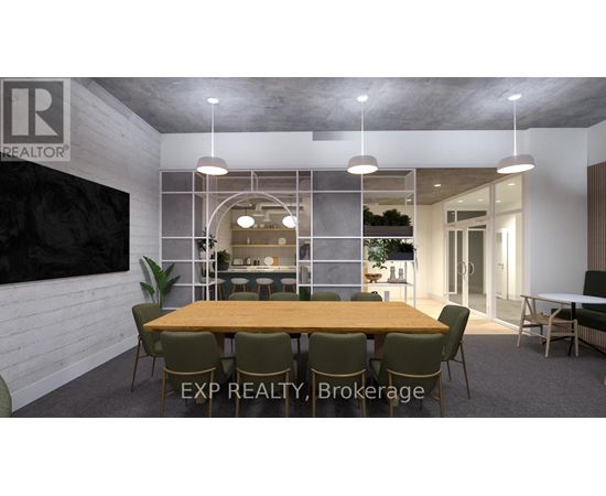 A dining room with a large table and chairs.