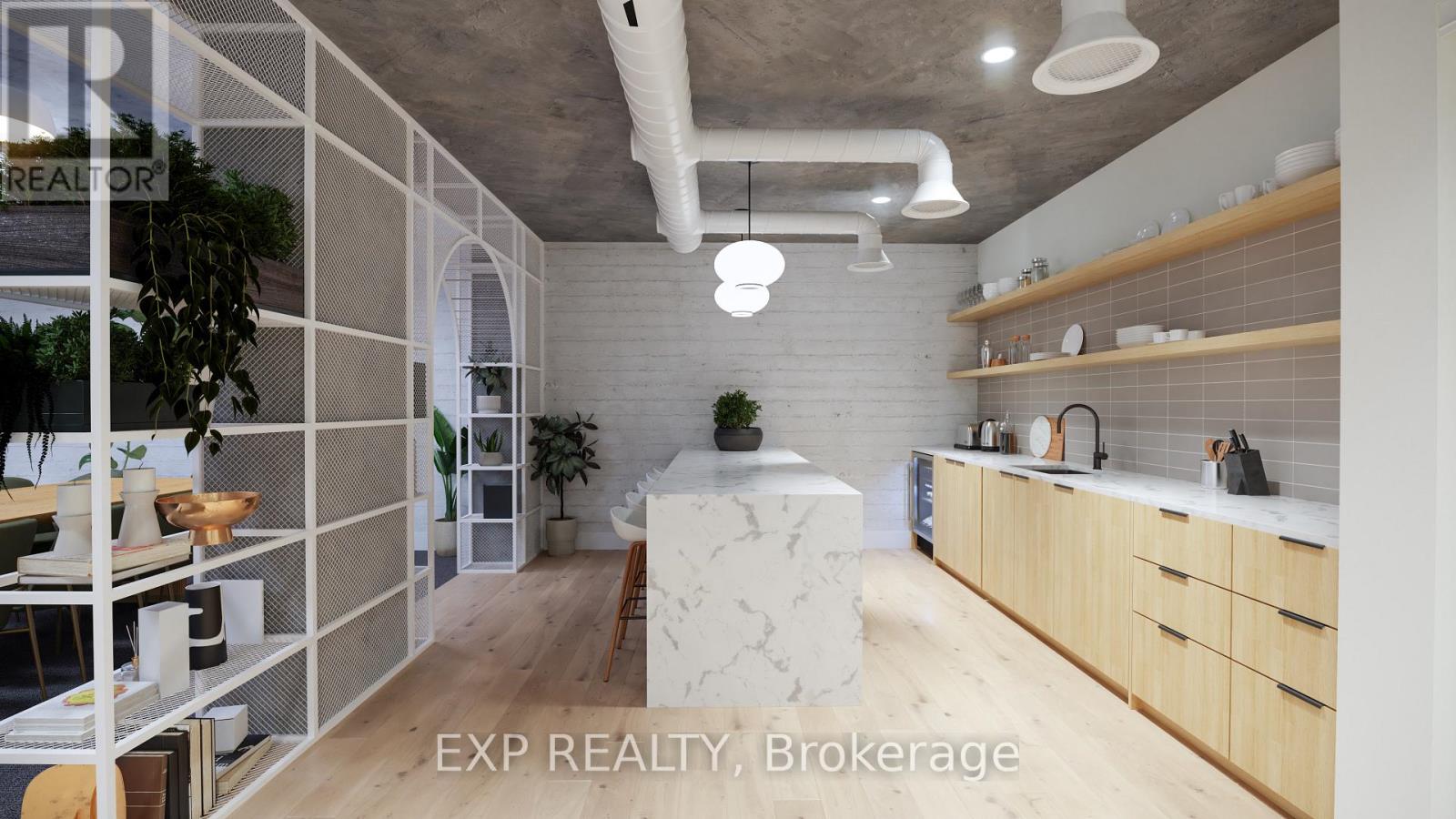 A modern kitchen with wooden cabinets and a marble island.