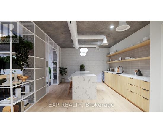 A modern kitchen with wooden cabinets and a marble island.