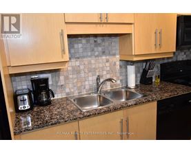 A kitchen with a sink, coffee maker, and cabinets.