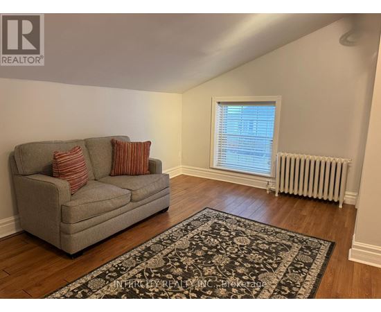 A living room with a grey couch and a rug.