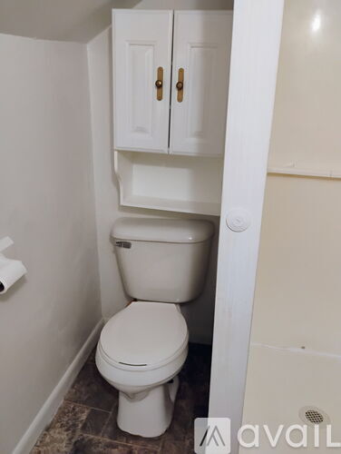 A white toilet in a small bathroom with a cabinet above it.