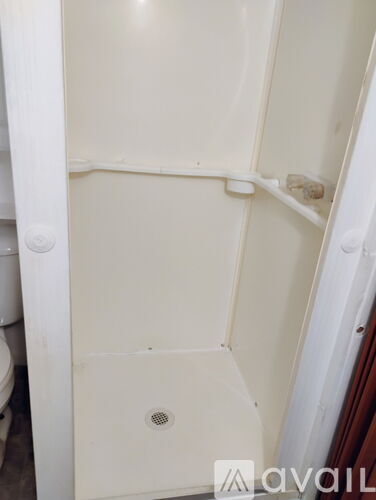 A white bathroom with a shower stall and a toilet.