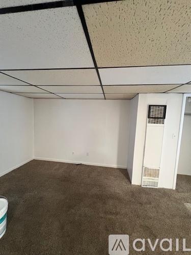 A room with a carpeted floor and a white door.