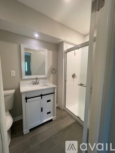A bathroom with a sink, mirror, and toilet.