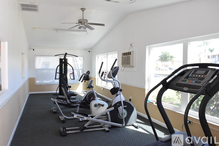 A gym with treadmills and elliptical machines.