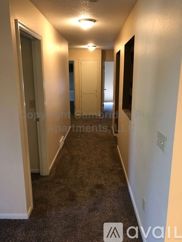 A hallway with carpeted flooring and white walls.