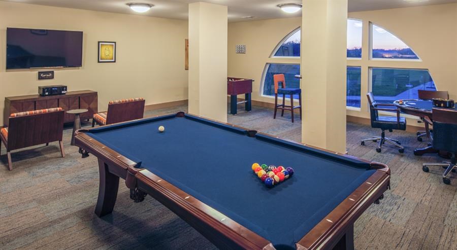 a games room with a pool table