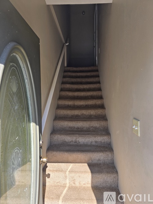 A staircase with a carpeted runner and a metal railing.