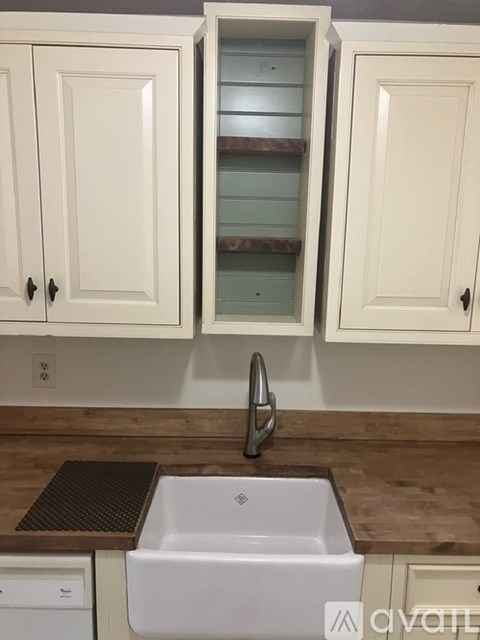 A kitchen with a white sink and cabinets.