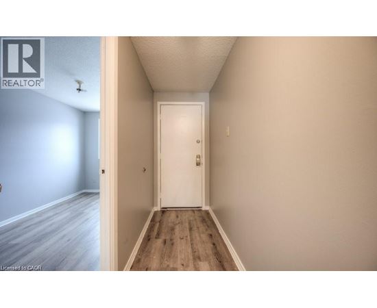 A hallway with a white door and wooden floor.