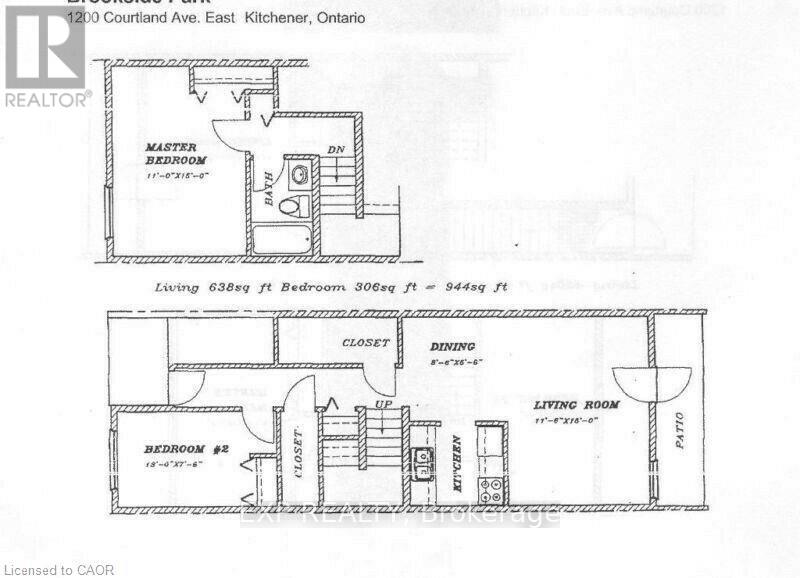 A floor plan for a home at 1200 Courtland Ave. East, Kitchener, Ontario, showing two bedrooms, a master bedroom, a dining area, a living room, and a closet.