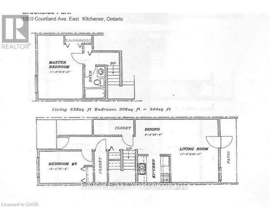 A floor plan for a home at 1200 Courtland Ave. East, Kitchener, Ontario, showing two bedrooms, a master bedroom, a dining area, a living room, and a closet.
