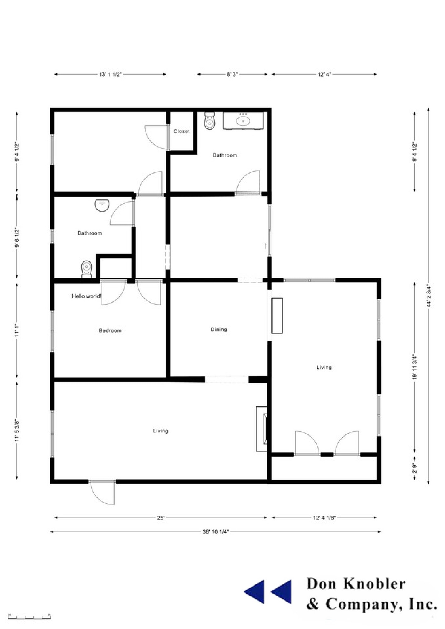 A floor plan for a building with rooms labeled, such as Bedroom, Bathroom, and Living room.