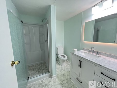 A bathroom with a toilet, sink, and shower.