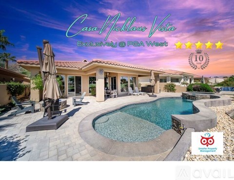 A house with a pool and a sign that says "Casa Neckla Vista Exclusively at PGA West".