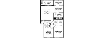 Two Bedroom One Bath Floorplan at Kenilworth at Perring Park Apartments, Parkville, Maryland