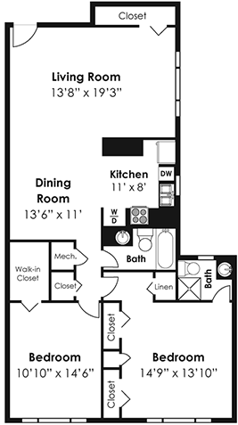 2 Bedroom 2 Bath Floor Plan 2 Bedroom 2 Bath Floor Plan at Stevenson Lane Apartments, Towson, MD, 21204
